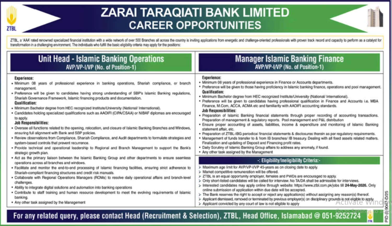 Zarai Taraqiati Bank ZTBL Islamabad Jobs 2026