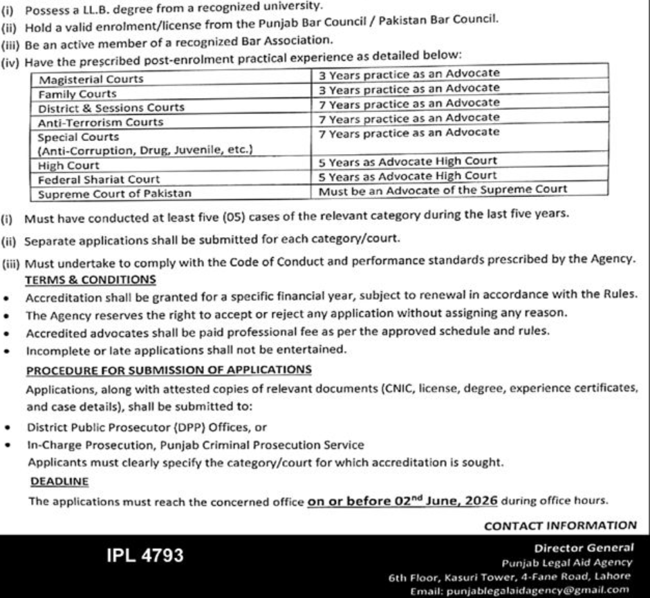 Punjab Legal Aid Agency Lahore Jobs 2026