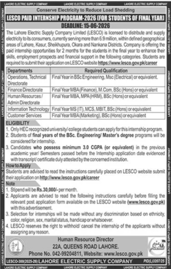 Lahore Electric Supply Company LESCO Jobs 2026