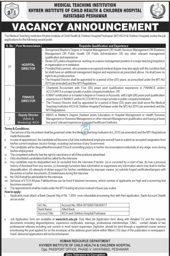 Khyber Institute Of Child Health And Children Hospital Jobs 2026