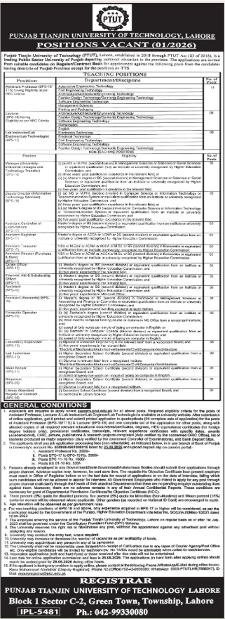 Punjab Tianjin University of Technology PTUT Jobs 2026