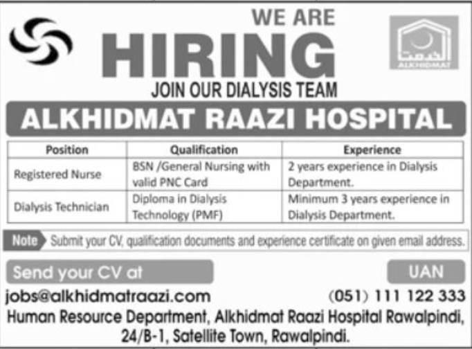 Alkhidmat Raazi Hospital Rawalpindi Jobs 2026