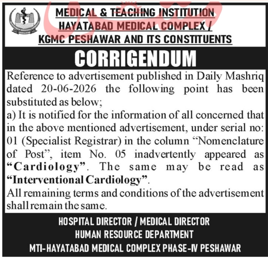 Hayatabad Medical Complex KGMC Peshawar Jobs 2026